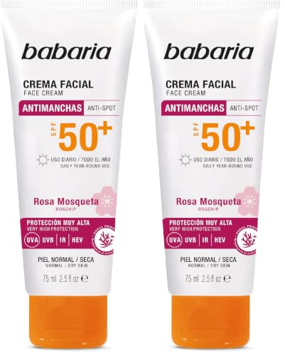 Babaria - Protector Solar Facial 50 Antimanchas Con Rosa Mosqueta | Crema Hidratante Facial Mujer | Crema Rosa Mosqueta Mujer | Bloqueador Solar | 75ml (Paquete de 2)