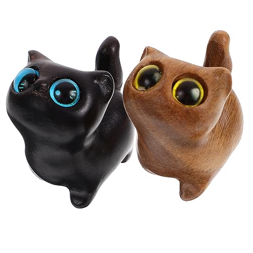 OUNONA 2個 緑白檀の子猫の飾り ミニチュア動物 猫の置物飾り 車のダッシュボードの猫 デスクトップの猫の装飾 猫のデスクトップの装飾 木の猫の置物 猫の動物の彫刻 グリーンサンダルウッド