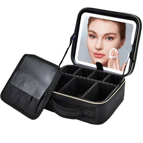 Bolsa Maquillaje con Espejo Iluminado Neceser Maquillaje de luz LED Organizador de Maquillaje Viaje Maletin Maquillaje Estuche de Maquillaje Mujer vacio Makeup Bag, Negro