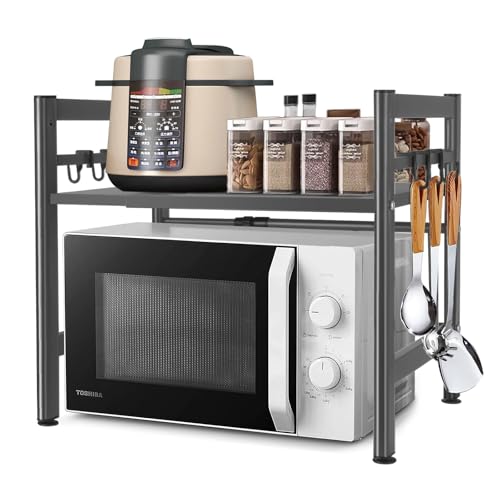 DWDHYEAN Estantería Extensible para microondas, estantería de Cocina, de pie, para microondas, de pie, Organizador de Cocina, con 6 Ganchos, Organizador para encimeras de Cocina (Gris, un-Nivel)