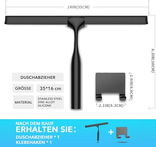 COFTCLMOMT 35CM Edelstahl Duschabzieher Mit Selbstklebe Haken, Schwarz Abzieher Dusche Wischer für Badezimmer, Kurzer Handgriff Glaswischer, Glas Wasserschieber, Duschwand Abzieher (Schwarz)