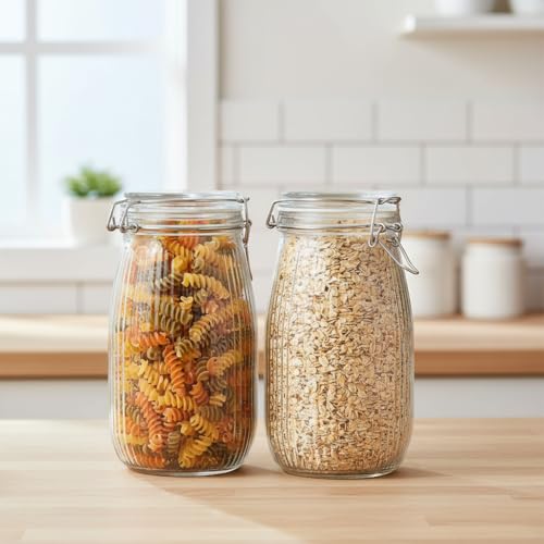 Image of ginoya brothers Airtight Glass jar with lid Storage Containers,Glass Canister, Mason Jars, Small Striped Clip Fastening Jar for Kitchen Canning, Overnight Oats, Pickle, Spice. (2, 1500 ML)