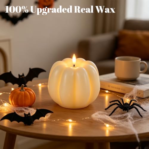 Image of Wondise Fall Decorations Real Wax Pumpkin Candles with Remote Timer | Off-white Battery Operated LED Candles Fall Decor for Thanksgiving Gifts, Autumn Farmhouse Harvest Decor for Home Decoration