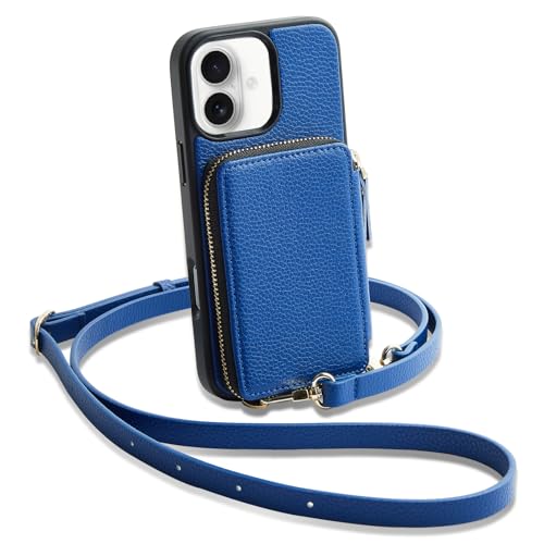 ZVE for iPhone 17 Wallet Case with Card Holder, Crossbody Zipper Leather Phone Cover with Wrist Strap 6.3' Navy Blue