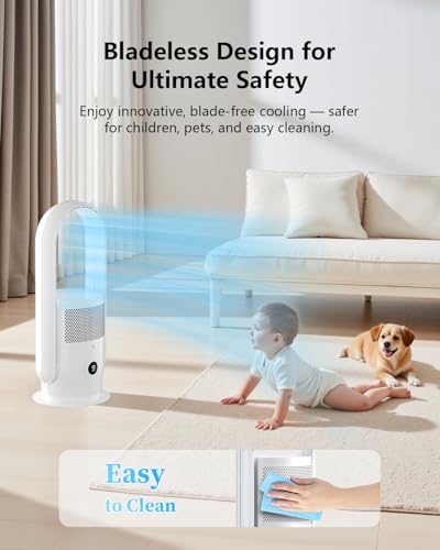 Image of ULTTY Bladeless Tower Fan and Air Purifier Combo, Quiet Oscillating Fan with Remote & Touch Control, 9 Speeds, 8H Timer, HEPA Air Filter, Safe Floor Fan for Bedroom Home Office White, 23.5 inchinch
