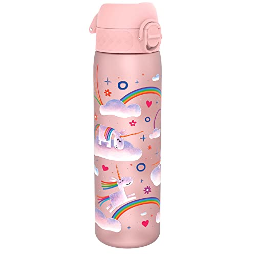 Ion8 Borraccia a Prova di Perdite, 500ml, Facile da Aprire, Serratura Sicura, Lavabile in Lavastoviglie, Senza BPA, Maniglia per il Trasporto, Adatta a Portabicchieri, Arcobaleni Unicorno Rosa