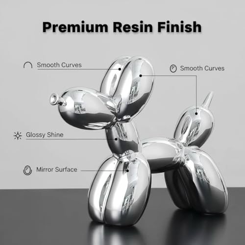 YOYUMI Galvanisiert Ballon Hund Skulptur, Luxus Ornament, Harzstatue für Wohnzimmer Schlafzimmer Bürodekor, Hochglanz Finish Dekorative Statuen, Silber, 18 x 20 x 9 cm