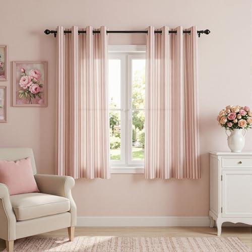Image of MYSKY HOME Red Striped Printed Curtains 63 Inches Long Girls Curtains for Bedroom Ticking Stripe Pinstripe Patterned Linen Blend Light Filtering Cottage Core Drapes, Grommet, 2 Panels, 52 inch Wide