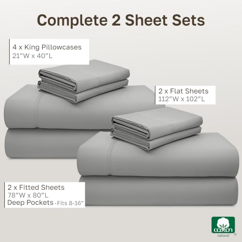Image of California Design Den 2-Pack 100% Cotton Sheet Sets King Size - Luxury 600 Thread Count Sateen, King Size Sheet Set, Deep Pockets, Soft, Crisp and Durable Bedding - Light Grey