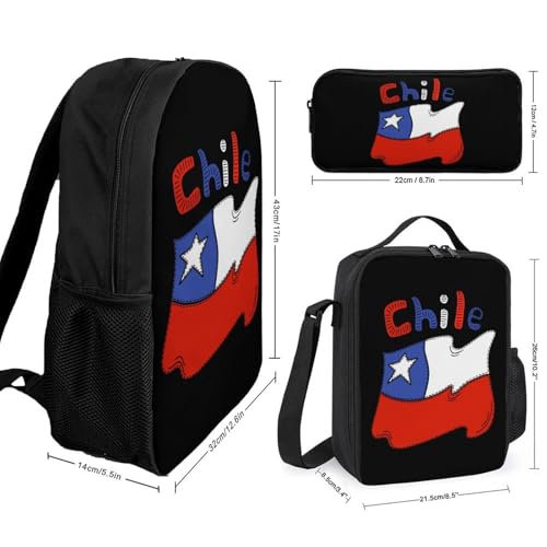 Chilean-flag-Chile 17In Backpacks with Lunch Bag Pencil Case Set Resistant Daypack 3 Piece2
