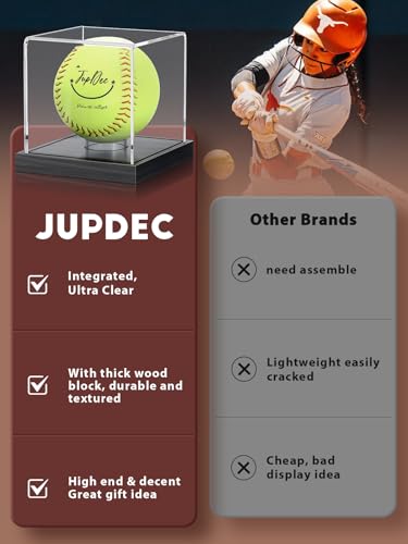 Image of JupDec Softball Display Case Clear Acrylic Ball Holder, UV Protected Cube with Wood Base Stand, Championship Sports Collections Box Showcase, Black
