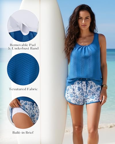 Image of Aidonger Women's Tankini Swimsuit Modest Two Piece Bathing Suit Tummy Control Athletic Blouson Tank Top with Short Bottoms
