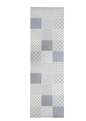 Tadi & Imperio1979 Tapis Vinyle hydraulique en carrelage pour Salon, Couleurs Gris argenté sur Fond Ivoire, pour Cuisine, Couloir, Salle de Bain ou Chambre -...