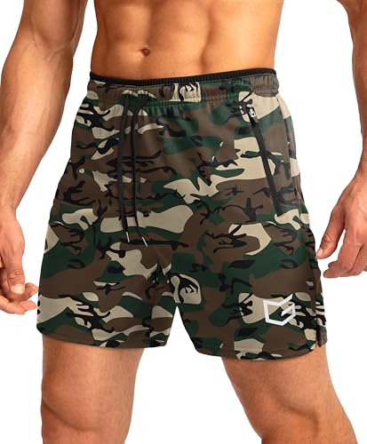 G Gradual Men's Gym Workout Shorts Zipper Pockets 5' Quick Dry Breathable Runing Athletic Short for Men (Green camo, Medium)