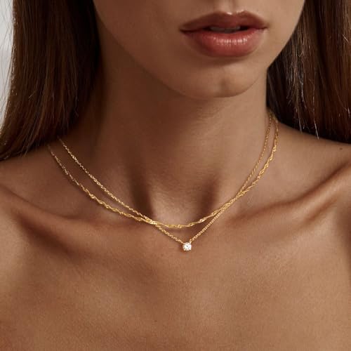 Tewiky Dainty Layered 14K Gold Plated Necklaces Simple CZ Solitaire Pendant Necklace Cute Cubic Zirconia Chain Choker for Women Trendys Gold Jewelry Gift2