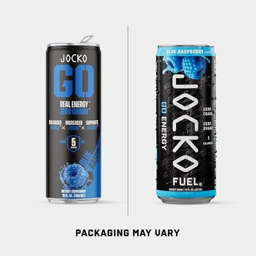 Image of Jocko Fuel GO Energy Drinks, Blue Raspberry - 95mg Caffeine with Added Adaptogens, Vitamin B12 & B6, & L Theanine for Mood & Focus Support, No Sugar, 12 Pack - Packaging May Vary