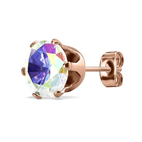 Women's Stud Earrings Rose Gold with Zirconia in Aurora Borealis or Clear 3 mm/4 mm/5 mm/6 mm/7 mm/8 mm