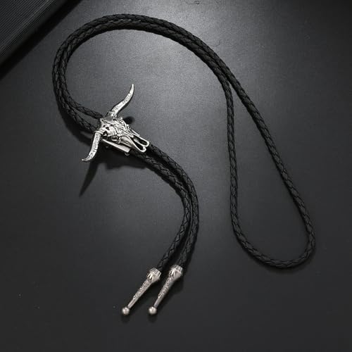 Image of Joxevyia Bolo Tie for Men Vintage Cow Skull Leather Rope Western Cowboy Necktie Vintage Bola Tie Gift for Him