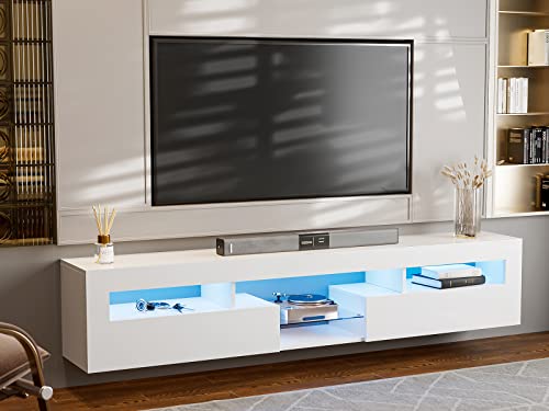 LED Floating TV Stand for 85 Inch TV, White High Glossy Wall Moun...