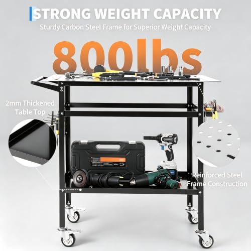 Image of 36x24in Welding Table 800LBS Mobile Workbench with 4 Wheels & Fixed Base | Movable Steel Work Bench with Side Pegboard, Hooks, Storage Tray, for Garage Workshop, Welding, Assembly and Repair