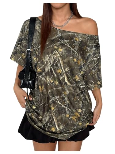 SOLY HUX Women's Y2k Camo T Shirt Off The Shoulder Short Sleeve Summer Tops Streetwear T Shirt