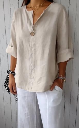 Women's Linen Shirt Button Down V Neck Solid Blouse 3/4 Sleeves Casual Loose Fit Tunic Tops Summer T Shirts4