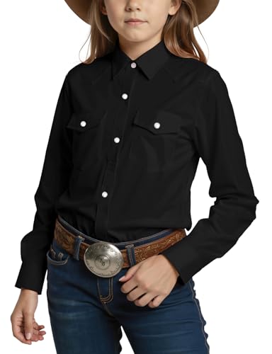 Image of Noomelfish Girls Long Sleeve Western Pearl Snap Button Down Shirt Cowgirl Outfits Blouse Tops (5-14 Years)