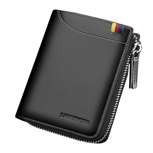 LAORENTOU Wallet for Men Genuine Leather Bifold Stylish Wallet With ID Window Inside Zip?Black?