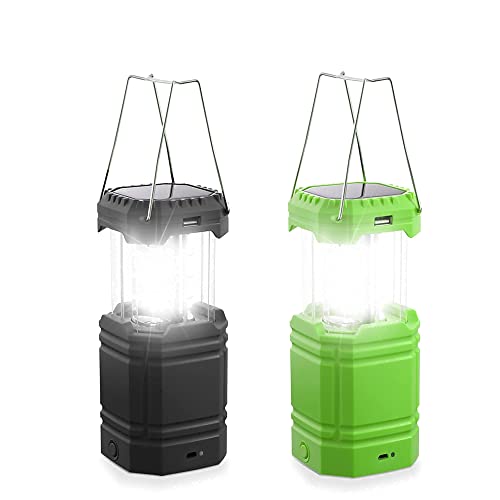 (Black&Green) 2 Pack Rechargeable LED Camping Lantern,Solar Powered Light with Hand Crank,Portable Survival Lantern for Emergency, Must-Have Tent Lamps/Lights,3000mAh Power Bank with USB Charger