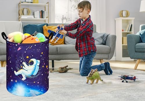 Image of Collapsible Kids Laundry Basket Clothes Hamper, Foldable Storage Organizer Bin, Toy Clothes Storage with Handles for Boys Girls Bedroom, Room Decor Astronaut