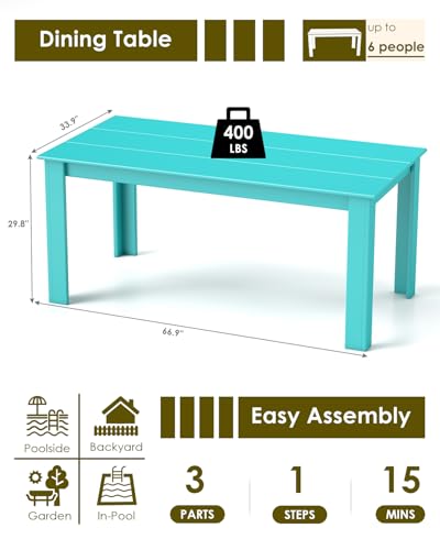 Image of GREENVINES Outdoor Dining Table | 67'' | HDPE | Rectangle Tables for 6 | All-Weather | Umbrella Hole | Patio Furniture | for Poolside Backyard Garden | Aqua