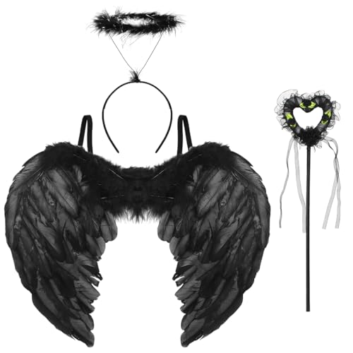 Engel Flügel, Schwarz Federflügel Engel, Flügel mit Heiligenschein und Zauberstab, Größe 45*30CM, Teufel Engelsflügel Deko mit Halo für...