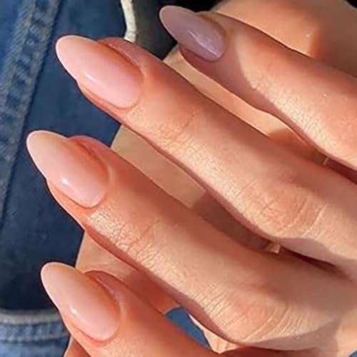 24 Pcs Almond Shaped Acrylic Nails Glossy Full Covers Stick On Nails Nudes Press On Nails Solid Color False Nails