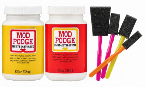 Mod Podge Decoupage Kit - Matte & Gloss Water-based Glue Sealer & Finish 8 fl oz Twin Pack with 4-pack Foam Brush Set - Quick-Drying Non-Toxic Craft Adhesive for Decoupage & DIY Projects