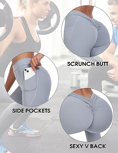 GYMTITAN Scrunch Butt Lifting V Back Leggings for Women with Pockets Buttery Soft High Waist Booty Workout Yoga Pants Grey — view 5