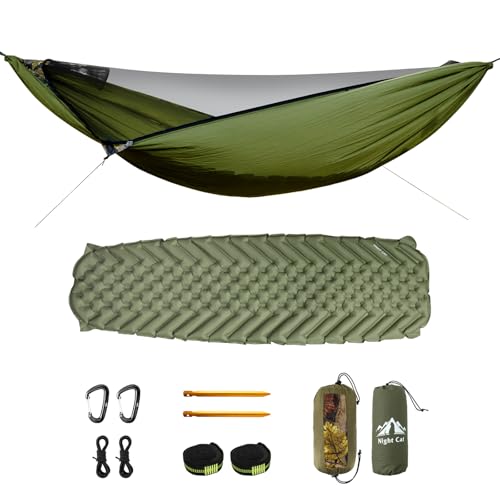 Nigt Cat Hamac Extérieur pour 1 Personne: Hamac Moustiquaire Léger Suspendu avec Matelas Gonflable pour Camping Bivouac Et Randonnée