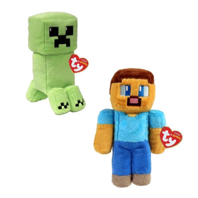 TY Minecraft Creeper & Steve Collectible Plush Toy, 2-Piece Set