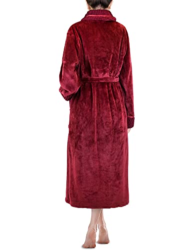 Pavilia Soft Plush Women Fleece Robe, Burgundy Wine Red Cozy Bathrobe, Female Long Spa Robe, Warm Housecoat, Satin Waffle Trim, L/Xl #TOP1