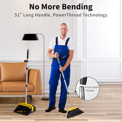 Image of Tiumso Broom with Dustpan Combo Set, Brooms and Dustpans Sets with 51'' Long Handle, Large Dust Pan and Broom, Self-Cleaning Dustpan Teeth for Lobby Kitchen Office - Black and Yellow
