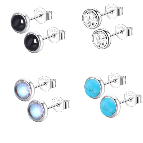 Epoch World 4 Pares Pendientes de Plata de Ley 925 de Piedra Lunar Turquesa Aretes Hipoalergénicos Pendientes Plata para Mujer Niña Pequeños Aretes Redondos Gemas Regalo de Mujer (Plata)