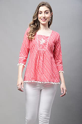 Image of Rajnandini Women's Pure Cotton Bandhej Print Short Western Relaxed Top (Jopljpr709)