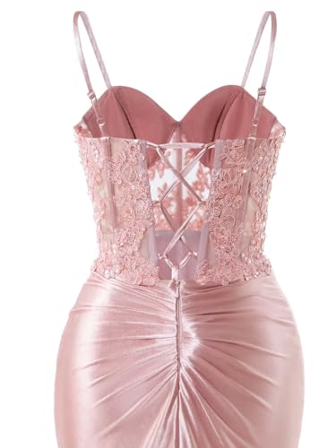 Spaghetti Strap Sweetheart Satin Prom Dress with Split Lace Appliques Corset Mermaid Long Evening Gowns2