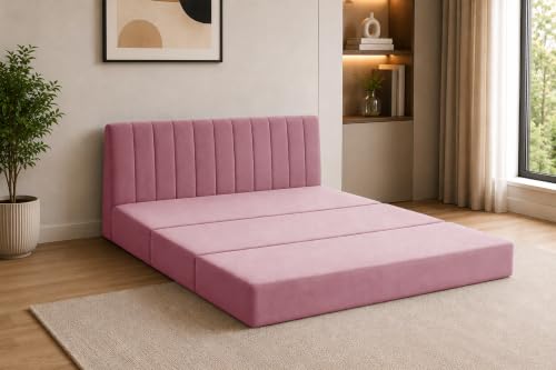 Image of 3-Seater Velvet Sofa Cum Bed | Convertible Sleeper Sofa | Modern Foldable Couch for Living Room, Bedroom & Office | Rose Pink