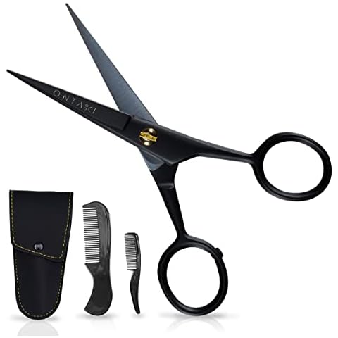 ONTAKI Professionelle Bartschere aus deutschem Stahl, 12,7 cm, Herren-Schnurrbartschere mit Bartkamm und Tragetasche, handgeschmiedete, abgeschrägte Kante, Präzisions-Gesichtsbehaarung - Schwarz Cover