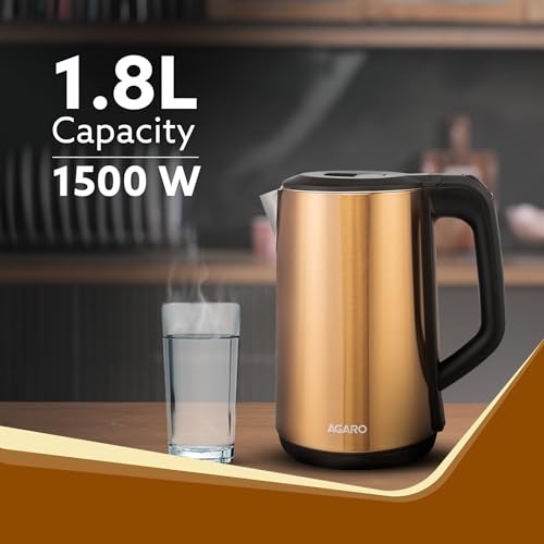 Image of AGARO Insignia Electric Kettle, 1.8L, Double Layered Kettle, 100% Stainless Steel Inner & outer Body, Auto Shut Off, Boil Dry Protection, Portable, Champagne Gold