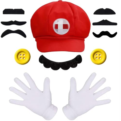 Ceeyoll disfraz de Super Mario: 7 bigotes, guantes, botones, sombrero, adultos, mujeres, hombres, niños, carnaval, disfraces para fiesta