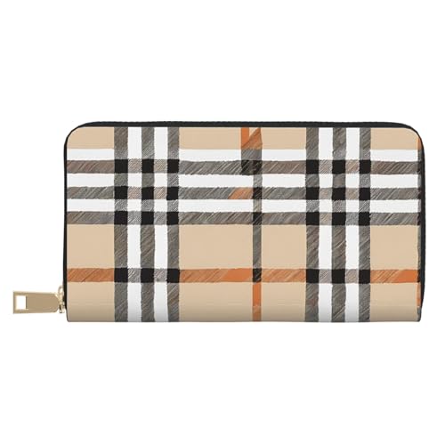 (Grand Canyon) Pu Leather Purse Multi Compartment Card Wallet Stylish Wallet with Zipper for Cards, Coin, Bill, Gray Plaid Lines, One Size