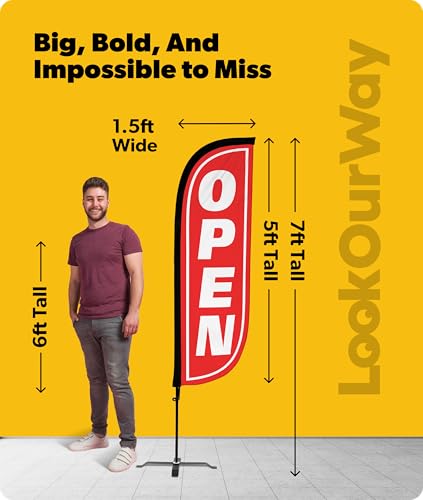 Image of LookOurWay Feather Flag Set - 5ft Tall Advertising Banner Flag with Pole Kit and X-Stand for Business Promotion - Open, Red /White
