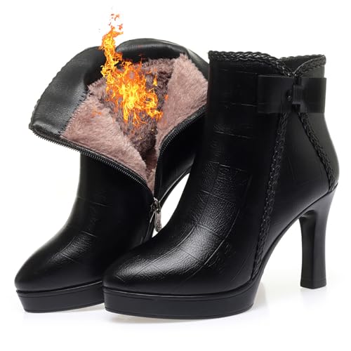 Women's Pointed Toe Chunky Heel Bow Ankle Boots Fashion Leather Side Zipper Comfortable Fur Lined Low Block Heel Short Booties Casual Winter Kitten Heel Dress Boots