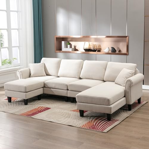 Image of Nathan 6 Seater L Shape Sofa with Centre Table | 6 Seater Sofa Set for Living Room | Premium Fabric Sofas (Nathan Cream, RHS)